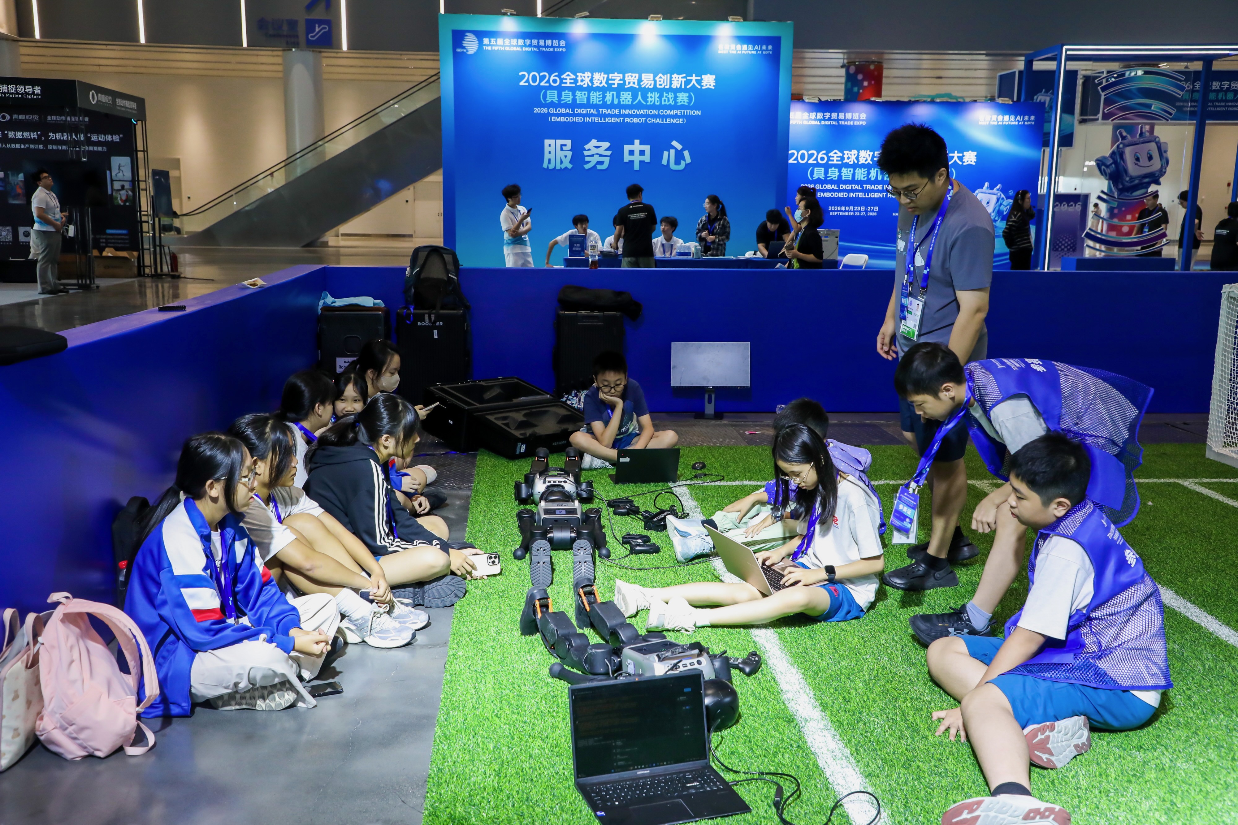 The team working together on robot setup and testing